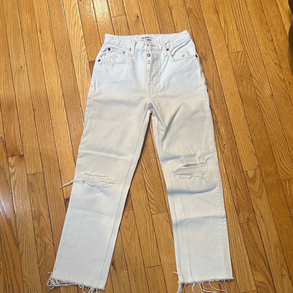 Re/Done White Straight Leg Jeans with Distressed Details